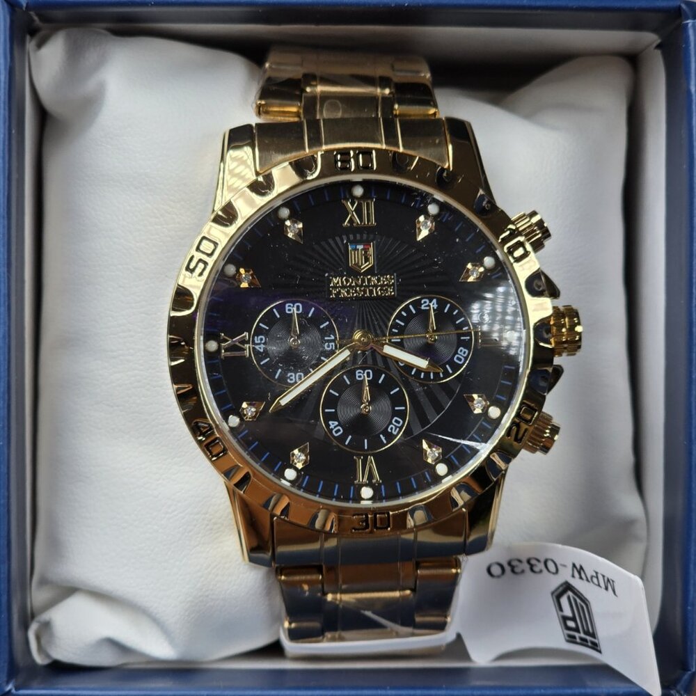 Montres Prestige MPW-0330 Gold Chronograph Style Watch Black Dial New w Box - Picture 1 of 6